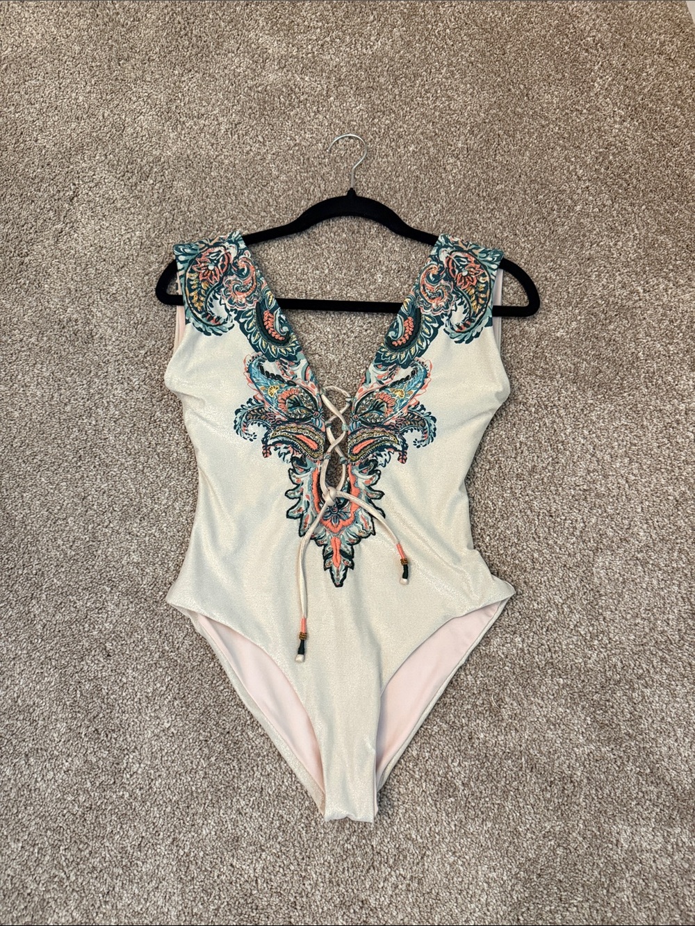 Gold Cosita Linda Embroidered Lace-Up One-Piece Swimsuit